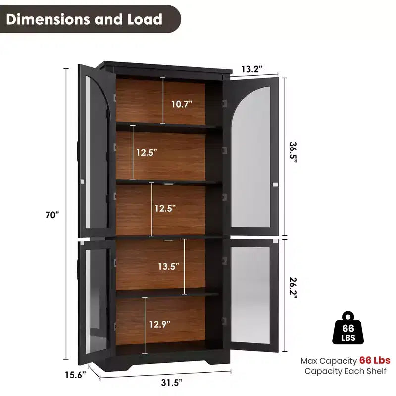 178 cm hoher Küchenschrank, moderner Vitrinenschrank mit 4 gewölbten Glastüren und verstellbaren Einlegeböden, für Küche, Wohnzimmer, Esszimmer, Badezimmer