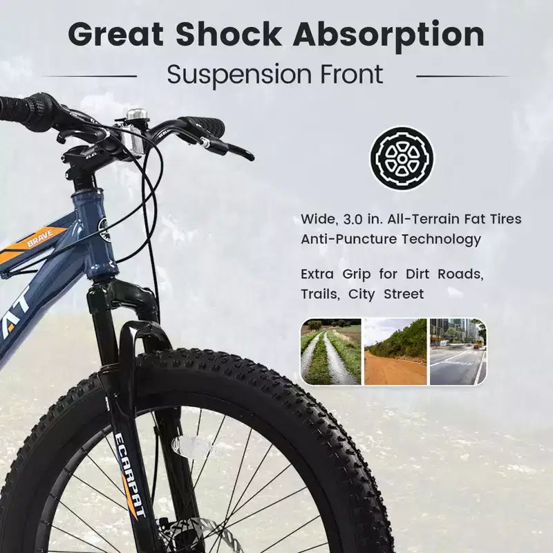 Okak 24-Zoll-Fatbike mit Vordergabel-Federung, 7-Gang-Mountainbike mit Scheibenbremsen und Rahmen aus kohlenstoffreichem Stahl, Trailbike für den täglichen Arbeitsweg