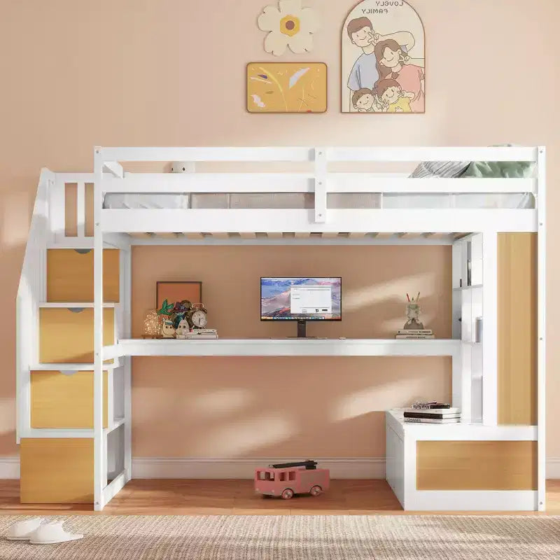 Full-Size-Hochbett mit Treppe und Schreibtisch, Hochbettgestell aus Holz mit Staufächern und Bücherregalen für Erwachsene, Teenager und Kinder