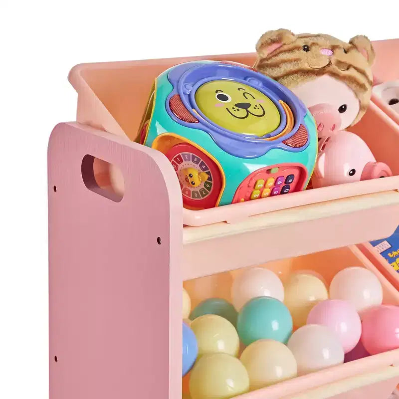 VECELO Kinder-Bücherregal mit Spielzeugaufbewahrung und 12 Körben, Spielzeugregal aus Holz für Kleinkinder, geräumige Spielzimmeraufbewahrung für Bücher oder Spielzeug