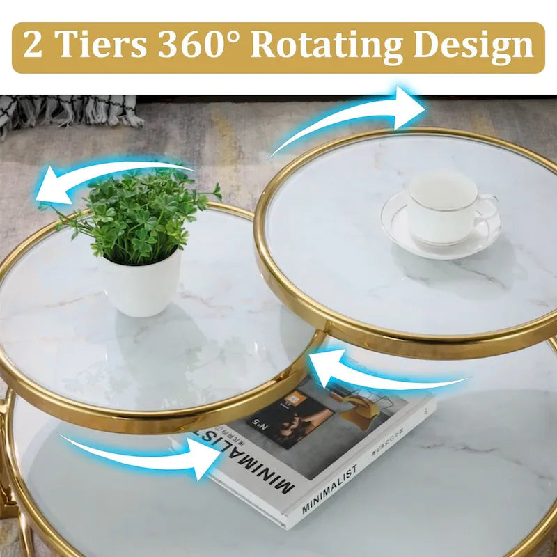 Runder Couchtisch aus gehärtetem Glas mit 3 Ebenen und um 360 Grad drehbarer Tischplatte