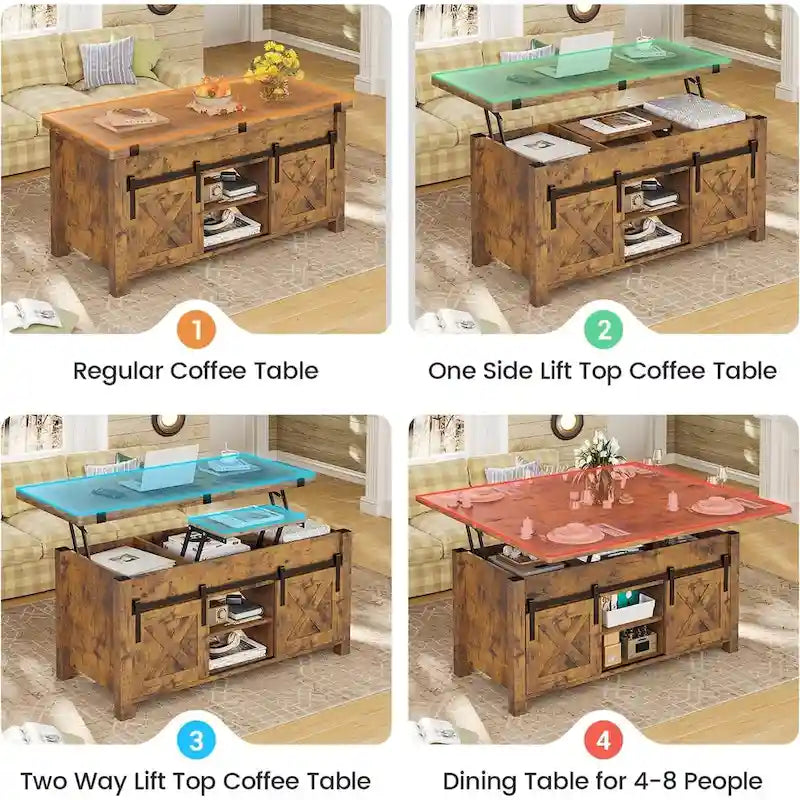 Couchtisch mit Hubplatte, 2 Schiebetüren im Scheunentor-Design und Stauraum, Esstisch