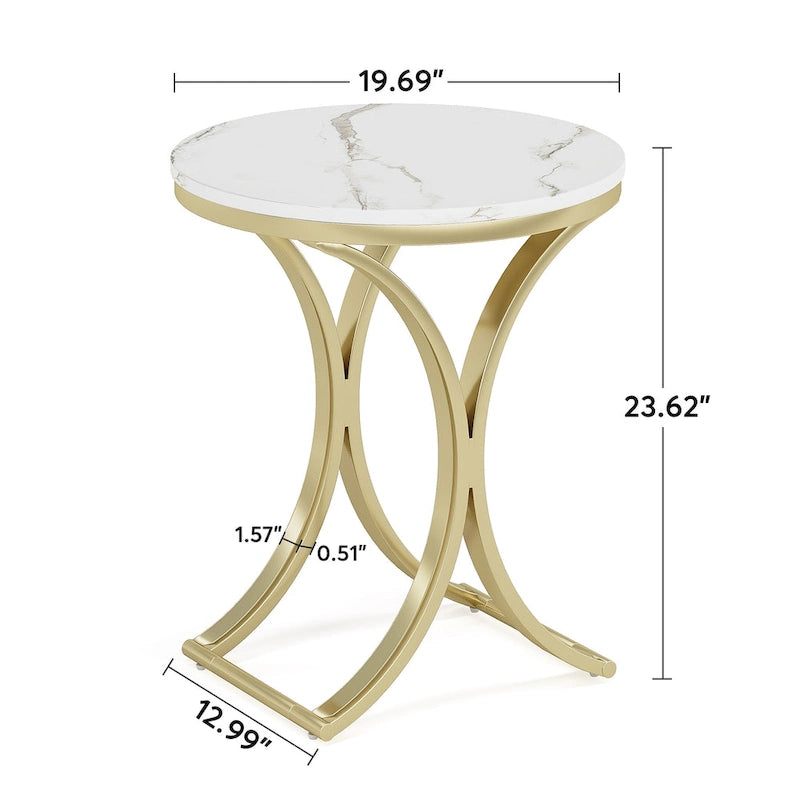 Kleiner, moderner runder Beistelltisch, Couchtisch, Nachttisch mit goldfarbenem Metallgestell und Kunstmarmor-Furnier aus Holzwerkstoff für das Wohnzimmer