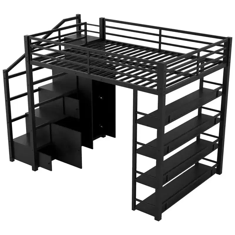 Queen-Size-Metall-Hochbett mit Ablagefächern, Schränken und Kleiderschrank
