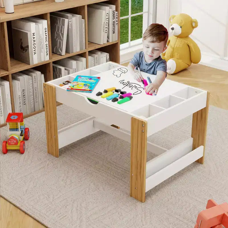 Kinder 2-in-1 Aktivitätstisch mit 7 Aufbewahrungsfächern - LEGO-kompatibler Baustein- & Whiteboard-Tisch, Weiß & Grün