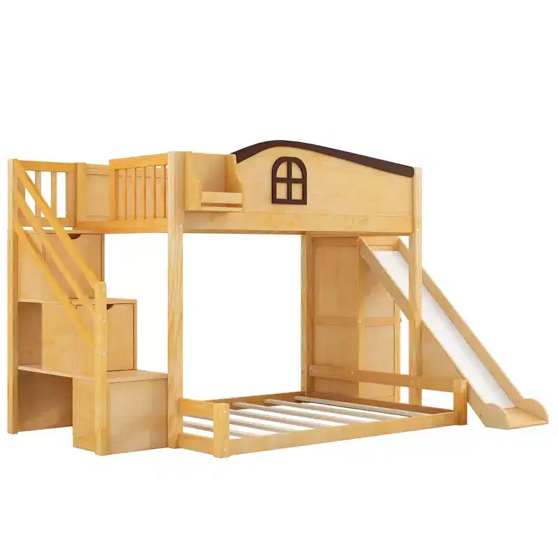Etagenbett (90x200 cm oben / 140x200 cm unten) mit Rutsche, Regalen, Treppe mit Stauraum und Kleiderschrank für das Kinderzimmer