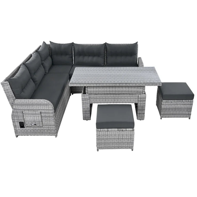 Outdoor-Rattan-Ecksofa-Set mit verstellbarem Tisch und Relaxsesseln