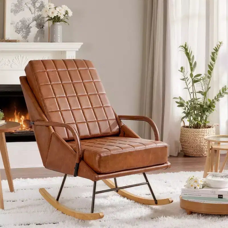 VECELO Polster-Schaukelstuhl aus Kunstleder/Teddy-Stoff, moderner Lounge-Schaukelsessel mit verstellbarer Rückenlehne, gepolsterter Sitzfläche und sicherem Gestell aus Massivholz, Weiß/Braun