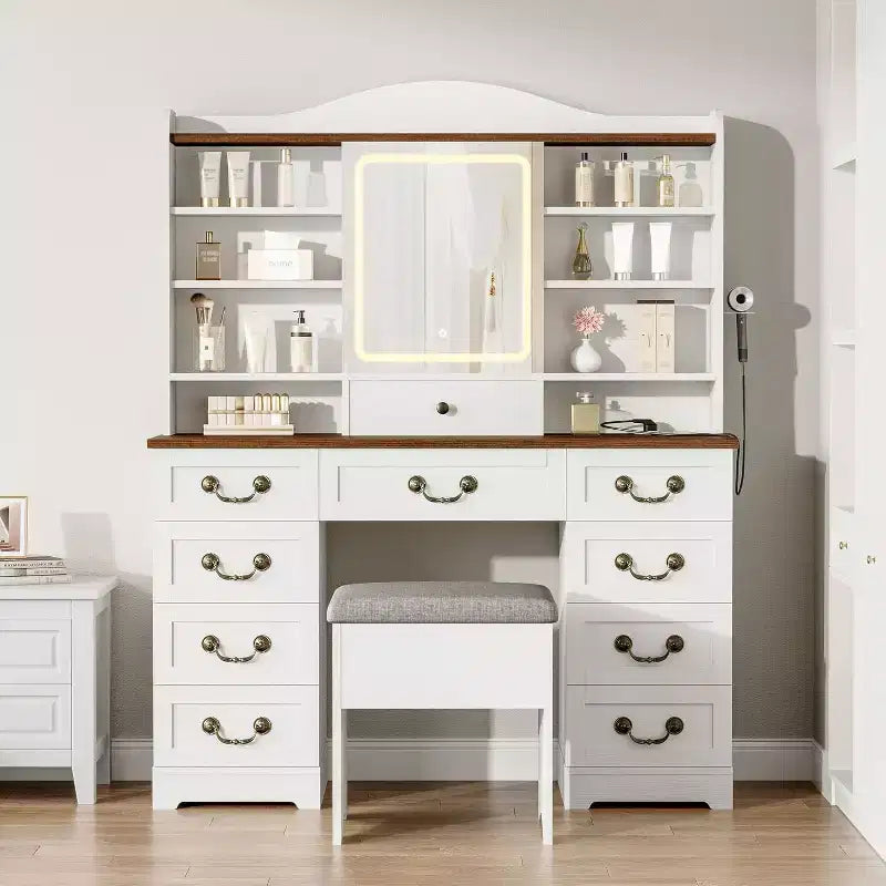Schminktisch mit 10 Schubladen und Spiegel, Walnussholz-Optik mit 10 Ablagen und Hocker, fürs Schlafzimmer, einfache Montage