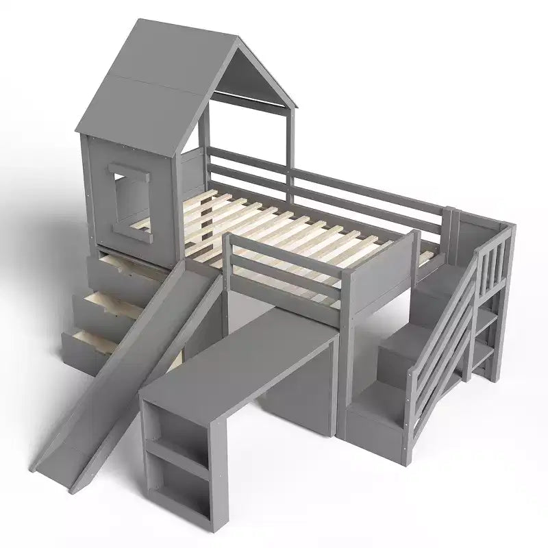Einzel-Hochbett mit 3 Schubladen und Treppenregal, Hausbett-Gestell aus Holz mit Rutsche und herausziehbarem Schreibtisch