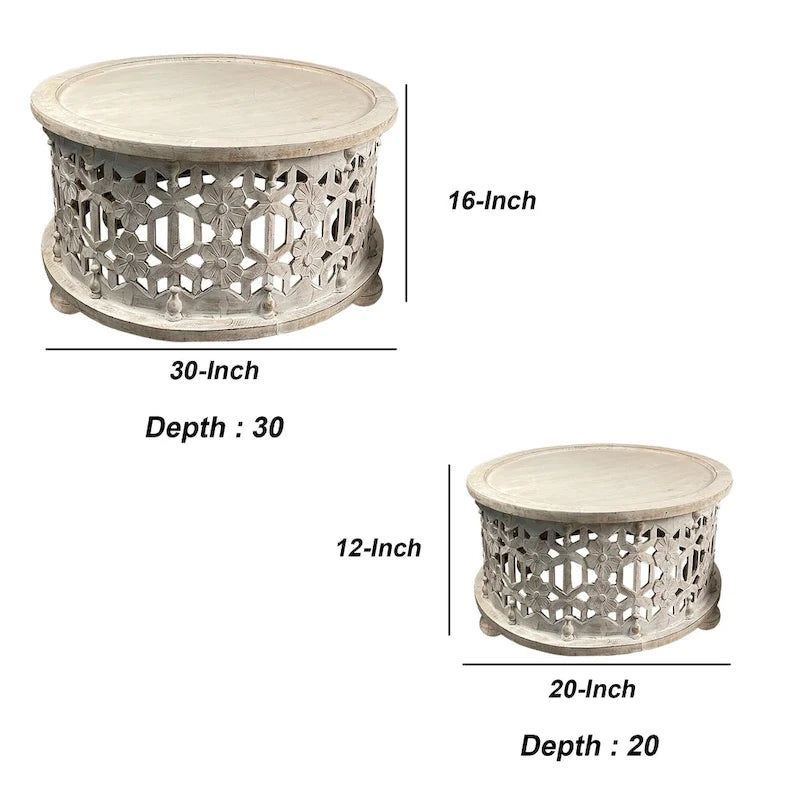 30-Zoll rundes zweiteiliges Holz-Couchtischset mit geschnitztem Blumenmotiv in Antikweiß