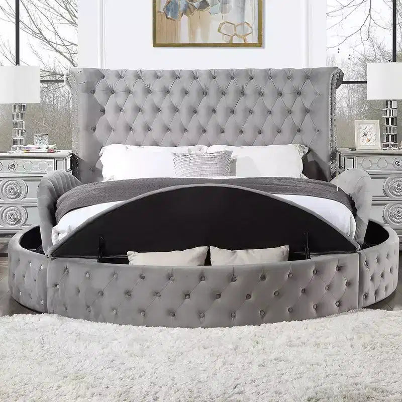 109 Queen-Bett Gaiva Bett Grauer Samt - Acme Furniture: Elegantes Design mit Nagelköpfen und Knopfheftung, Rahmen aus Holzwerkstoff