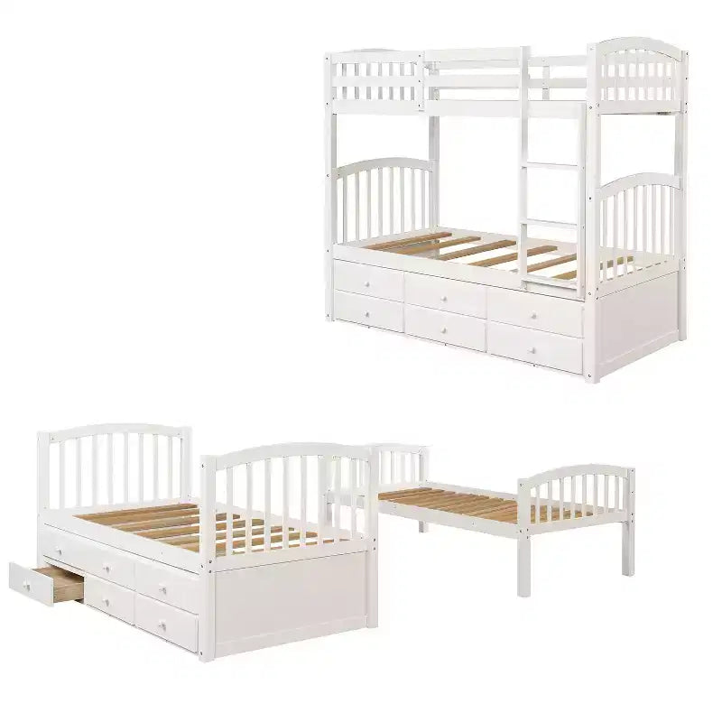 Etagenbett mit Leiter und Schutzgitter, Ausziehbett mit 3 Schubladen – Möbel für Jugend- und Gästezimmer