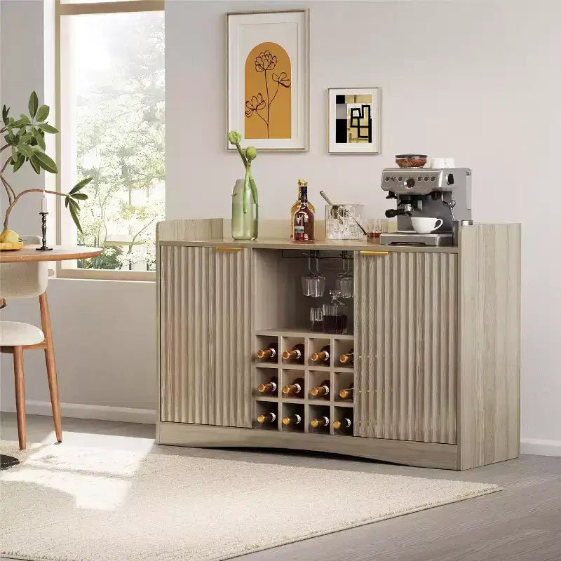 47 Moderner Weinschrank mit 9 Glashaltern, 12 Weinregalen, geriffeltem Design, 2 Türen, Buffet-Sideboard-Aufbewahrung für Ess- & Wohnzimmer