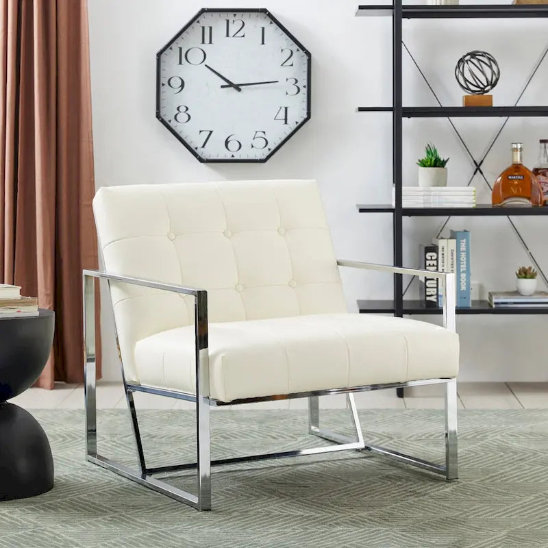 Glitzhome 77,5 cm hoher Mid-Century Akzentstuhl in Creme, PU-Leder mit Knopfheftung und verchromtem Gestell