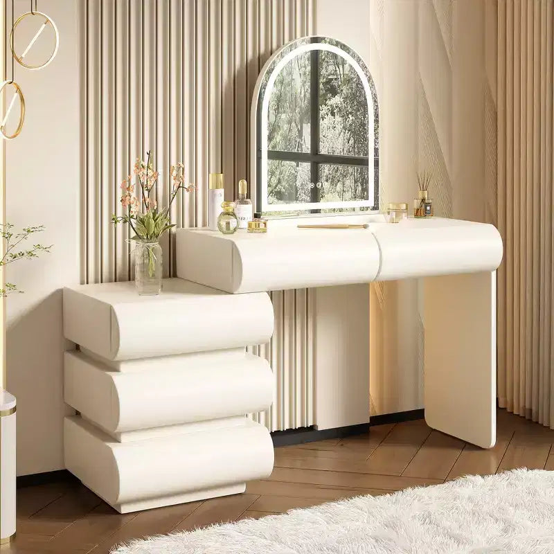Whisen Luxus-Schminktisch, Kosmetiktisch mit Spiegel, beweglichem Seitenschrank, 6 Schubladen und Hocker