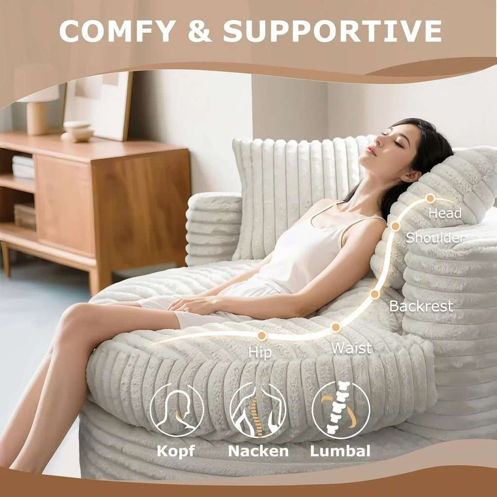 WOWMAX 47-Zoll runder Chaiselongue-Sessel für den Innenbereich, gepolstertes Bodensofa aus Cord mit extrabreiter Liegefläche und 2 Zierkissen