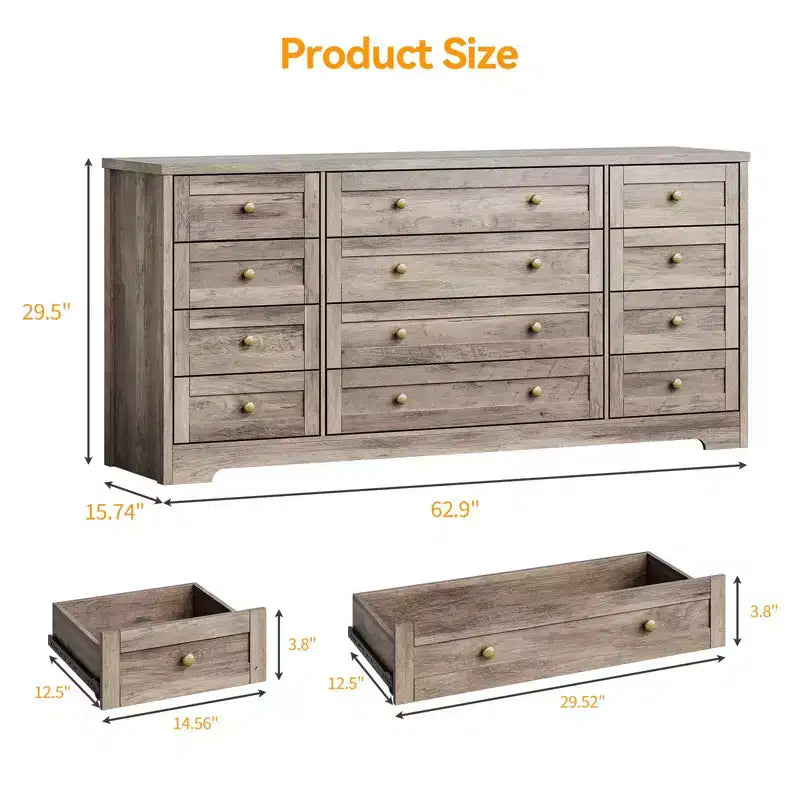 Kommode mit 12 Schubladen für das Schlafzimmer, aus Holz, moderner breiter TV-Ständer für 65-Zoll-Fernseher, Holz-Schubladenkommode, Landhausstil-Kleiderschrank für das Wohnzimmer