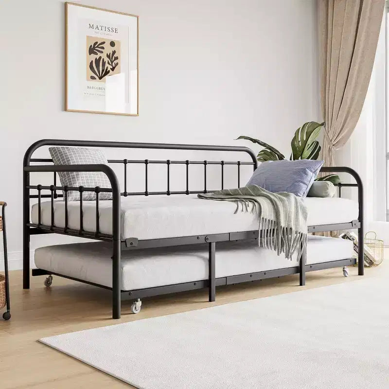 MAYEERTY Metall-Tagesbettgestell in Twin-Size mit Bettkasten, robuste Sofa-Bett-Plattform, kein Boxspringbett erforderlich, Schwarz