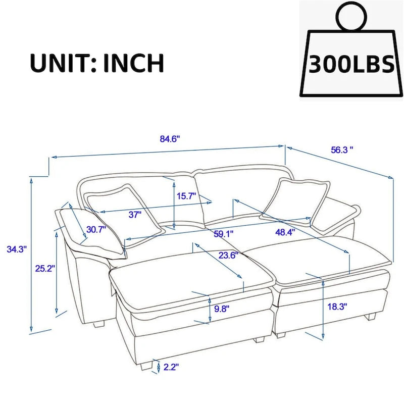 Modernes 2-Sitzer-Sofa aus Cord mit 4 Stützkissen und 2 Hockern