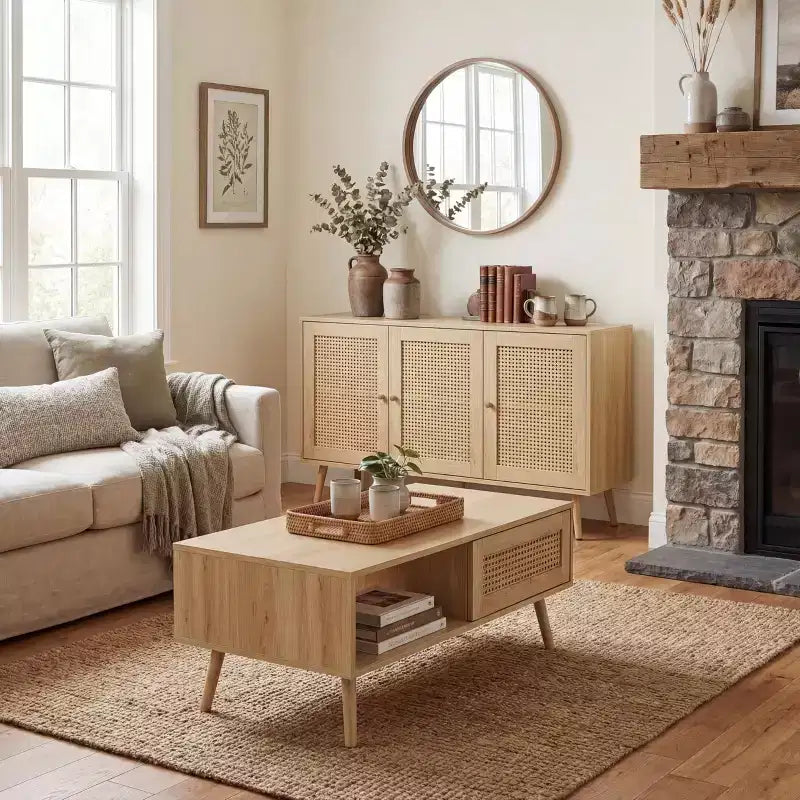 Braunes 2-teiliges Wohnzimmer-Set im Rattan-Stil (TV-Board + Couchtisch), 1 Sitzplatz