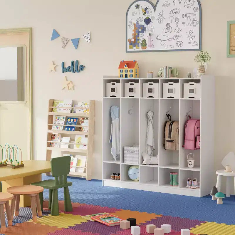 Garderoben-Organizer für Kinder mit 10 Fächern & Haken, 5-teiliges Aufbewahrungssystem für Klassenzimmer, Kinderzimmer, Flur oder Spielzimmer, Eiche Natur