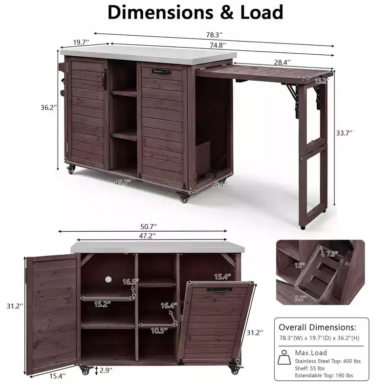 Outdoor-Kücheninsel mit klappbarem Seitentisch, Outdoor-Grillwagen mit Edelstahlplatte, versteckter Müllschrank für Rasen & Garten