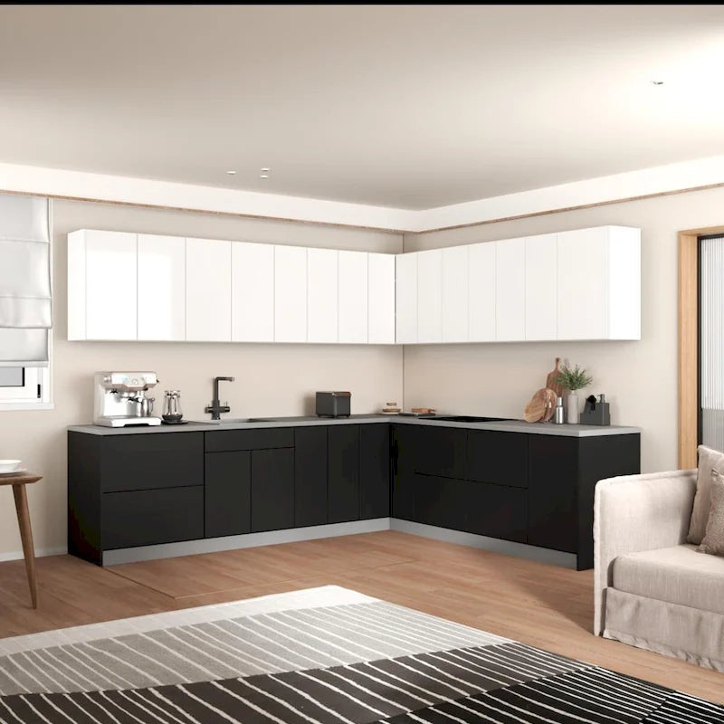 Moderne Küchenkollektion in Schwarz, Grundgröße 10 × 8,5 Fuß, Breite – 102 × 120
