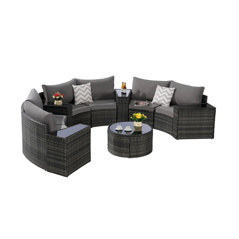 11-teiliges modulares Outdoor-Sofa-Set mit halbrunden Elementen, Couchtisch aus gehärtetem Glas und 4 Beistelltischen
