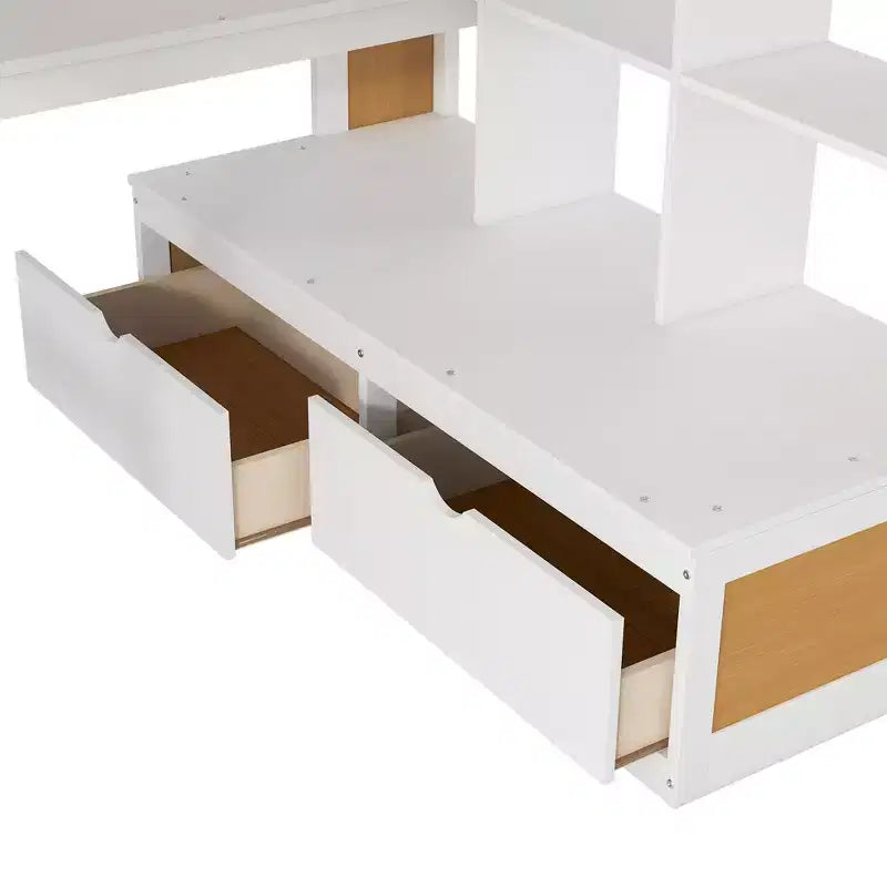Full-Size-Hochbett mit Treppe und Schreibtisch, Hochbettgestell aus Holz mit Staufächern und Bücherregalen für Erwachsene, Teenager und Kinder