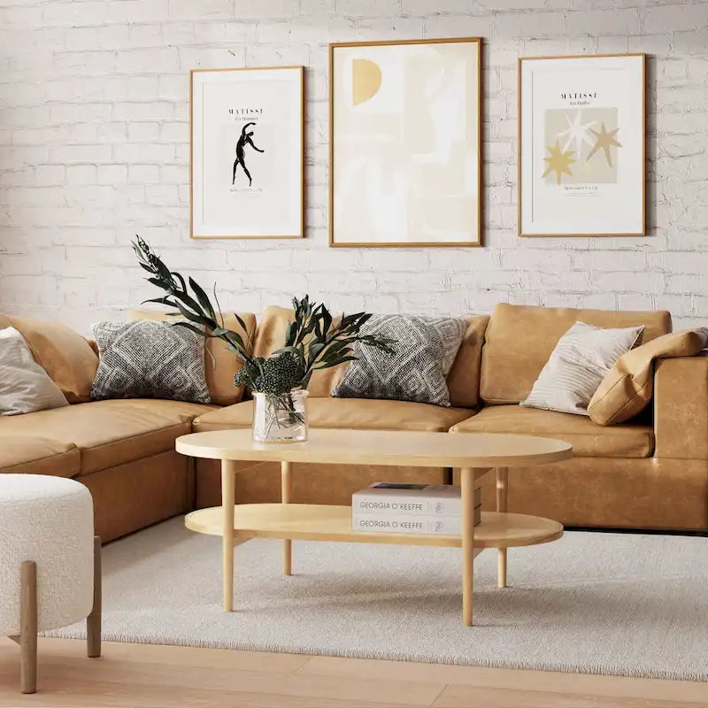 Nathan James Sonia Bohemian Couchtisch mit zwei ovalen Ebenen aus hellem Holz und Ablage aus Rattan