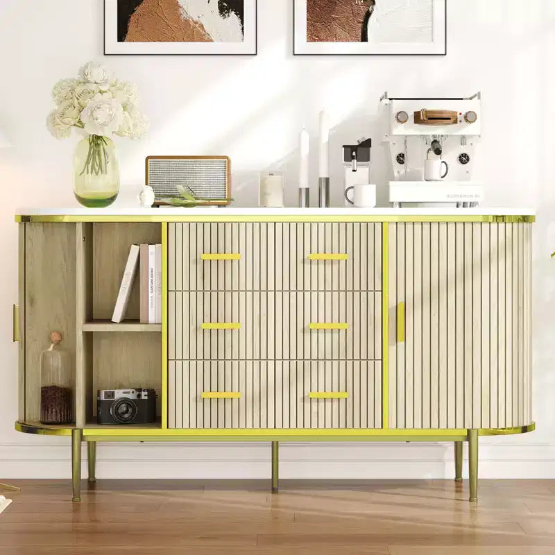 59-Zoll-Sideboard im Landhausstil mit geriffelter Front, TV-Lowboard mit 6 Schubladen und 2 Schiebetüren, vielseitiger Aufbewahrungsschrank fürs Wohnzimmer