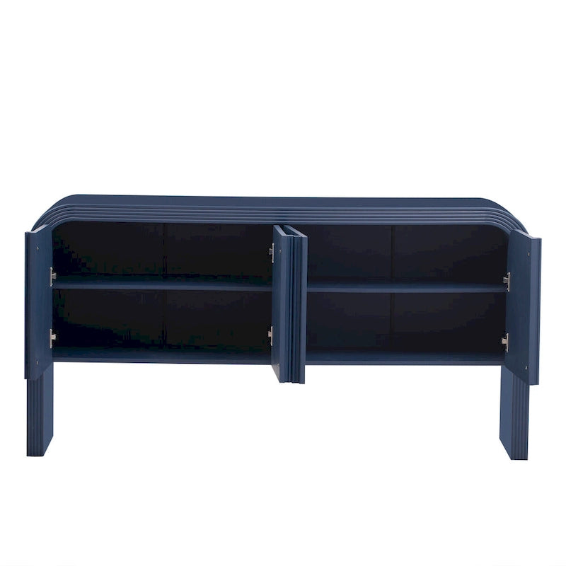 Geschwungenes Aufbewahrungsschrank-Sideboard mit 4 gestreiften Türen und verstellbaren Einlegeböden, moderner Flurschrank mit Kiefernholzbeinen