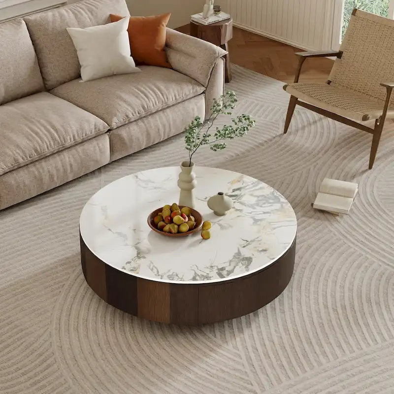 35 Moderner runder Couchtisch in Marmoroptik, Tischplatte aus weißem, glänzendem Sinterstein, Mid-Century-Tisch mit Massivholzschublade