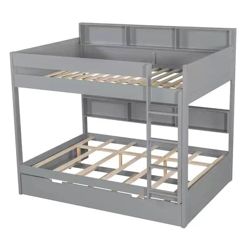 Luxystar modernes Etagenbett mit zwei vollwertigen Liegeflächen, Regalen und Ausziehbett