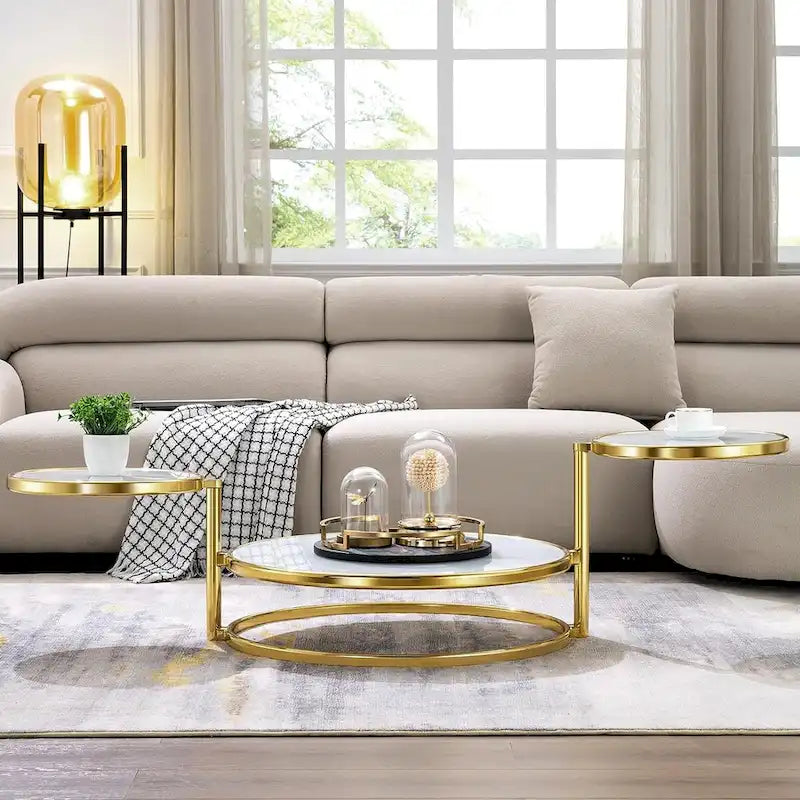 Runder Couchtisch aus gehärtetem Glas mit 3 Ebenen und um 360 Grad drehbarer Tischplatte