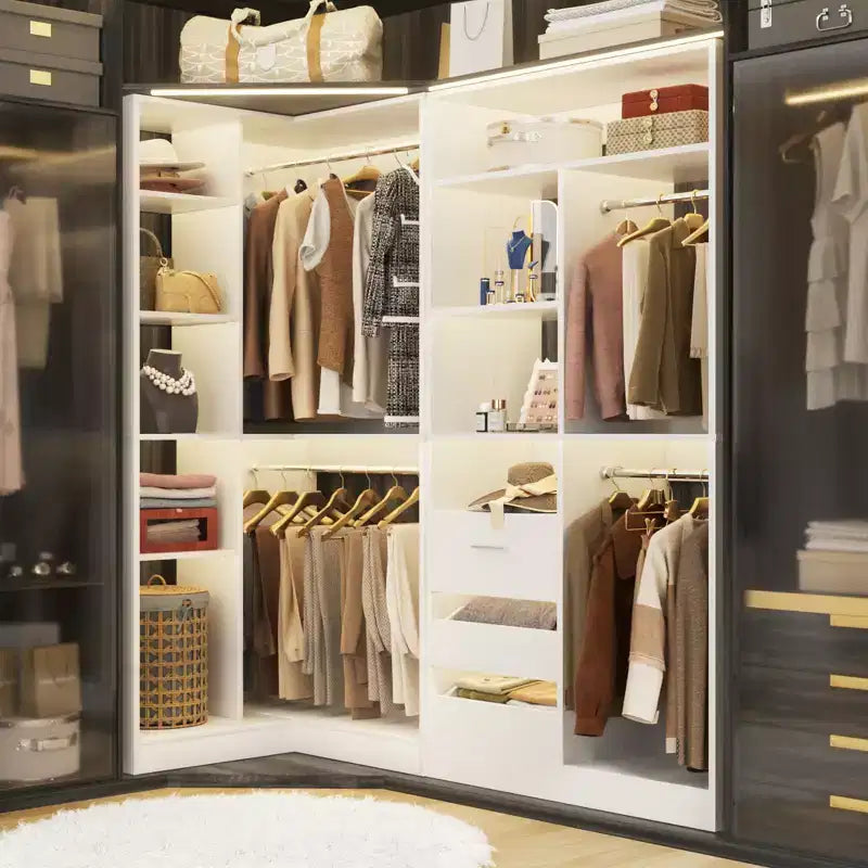 Besiost 2er-Set Eckschranksystem mit Turmregal, freistehender Kleiderschrank-Organizer mit Schubladen