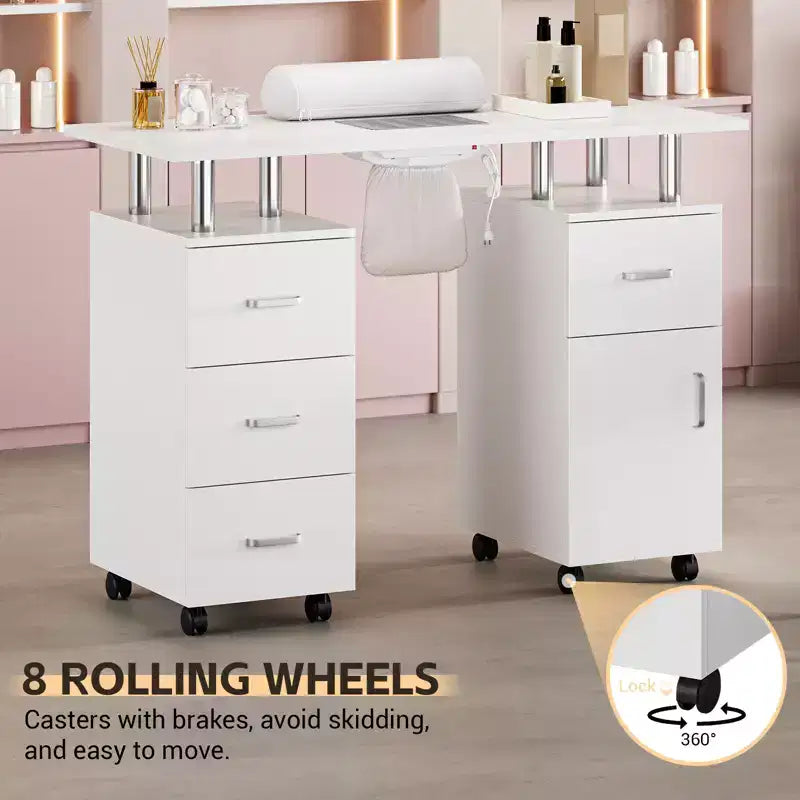 Maniküretisch mit Staubabsaugung, feststellbaren Rollen, Handgelenkauflage und Stauraum für Zuhause, Nagelstudios und Kosmetiksalons