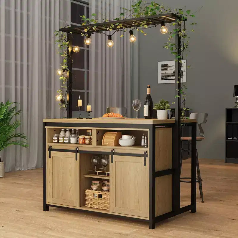 Kücheninsel, Bäckerregal mit Schiebetür, 42 Zoll große Kücheninsel mit 3-stufigem Mikrowellenständer, Ofenregalen und Kaffeebar-Tischset