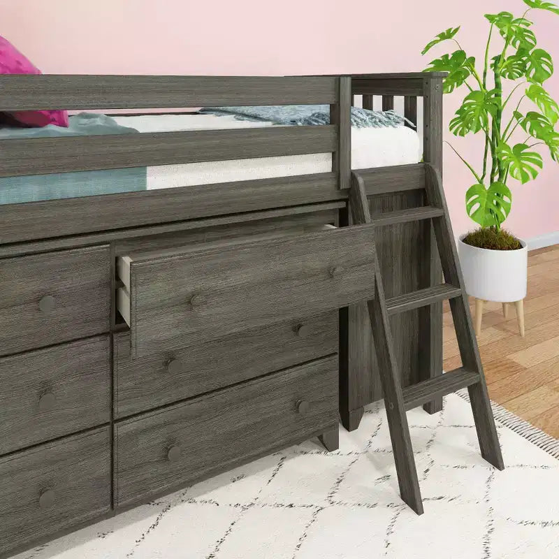 Max & Lily Niedriges Hochbett (Einzelbett) mit ausziehbarem Schreibtisch und 3-Schubladen-Kommoden