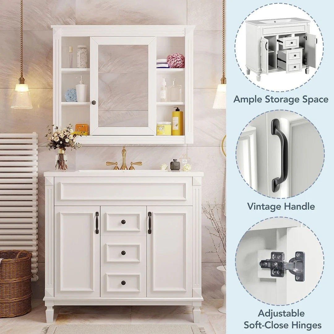 36" Moderner Badezimmer-Waschtisch mit Aufsatzwaschbecken und Spiegelschrank, 2 Türen und 2 Schubladen