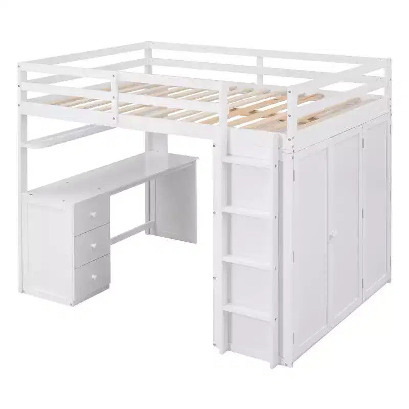 CLIHOME Hochbett in Full-Size mit 3 Schubladen, Schreibtisch und Kleiderschrank
