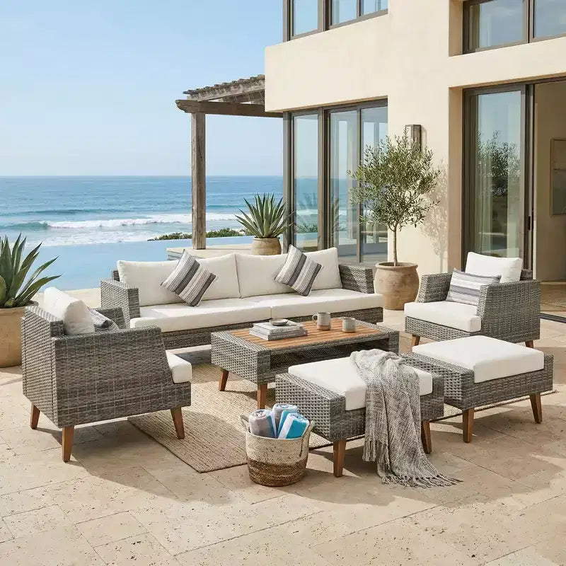 Whisen 6-teiliges Allwetter-PE-Geflecht-Sofaset, Outdoor-Rattan-Sofa mit Doppelkissen
