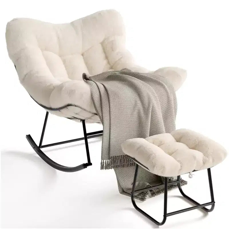 Übergroßer Papasan-Schaukelstuhl mit Ottomane und weichem Plüschkissen, Lounge-Sessel mit Fußstütze und stabilem Metallrahmen, Eier-Schaukelstuhl für das Wohnzimmer