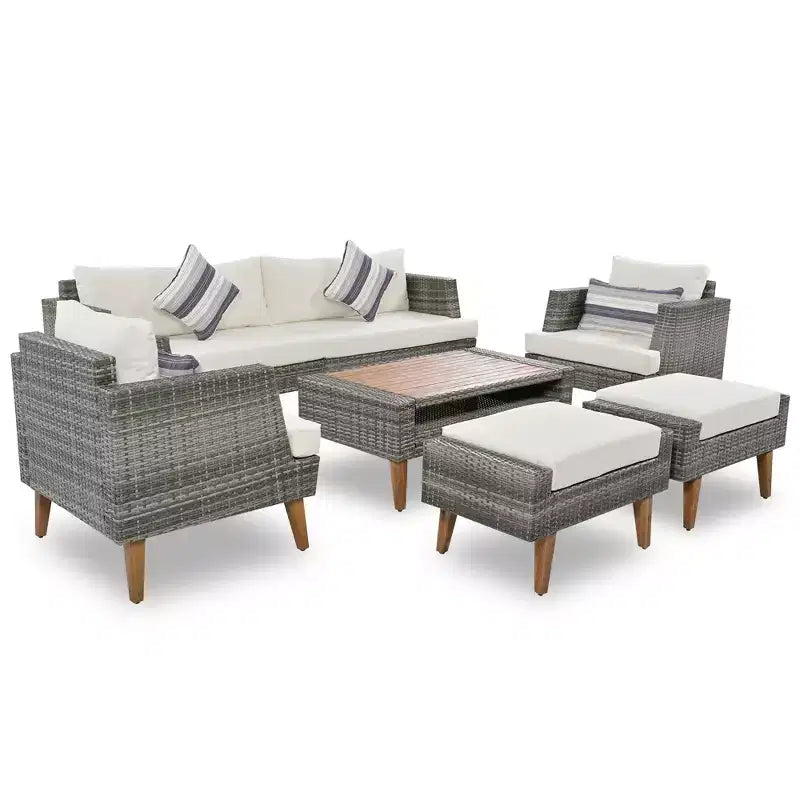 Whisen 6-teiliges Allwetter-PE-Geflecht-Sofaset, Outdoor-Rattan-Sofa mit Doppelkissen