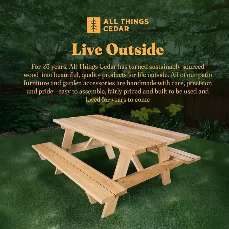 All Things Cedar 183 cm Outdoor-Picknicktisch, handgefertigtes Holz-Gartenbank-Set für Camping, Gartenpartys oder Tailgating, rustikales Zedernholz
