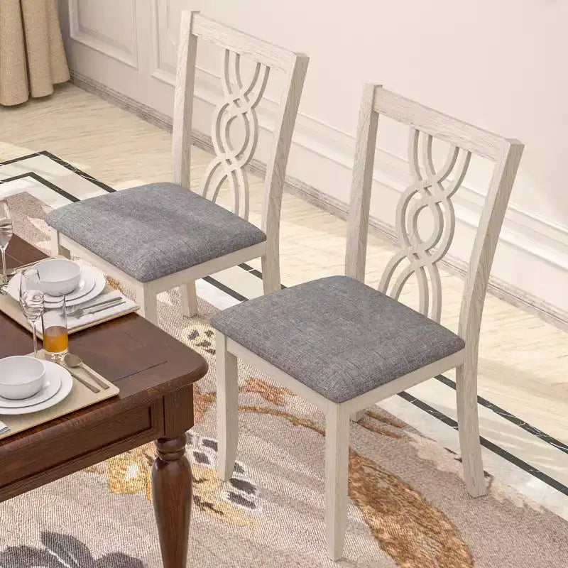 VECELO Rustikale Esszimmerstühle aus Holz, Küchenstühle aus Kautschukholz mit gepolsterter Sitzfläche und eleganter, durchbrochener Rückenlehne, Grau