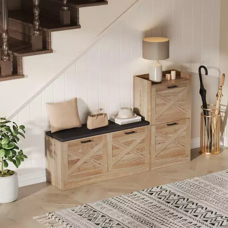 Sitzbank mit 4 Klappfächern und gepolstertem Sitzkissen, schmaler Schuhschrank aus Holz, geeignet als Bank für den Eingangsbereich des Wohnzimmers