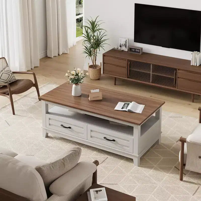 Landhausstil-Couchtisch mit Schubladen, 47,2 Zoll Wohnzimmertisch im rustikalen Design, Braun, mit offenem Ablagefach und 6 Stützbeinen