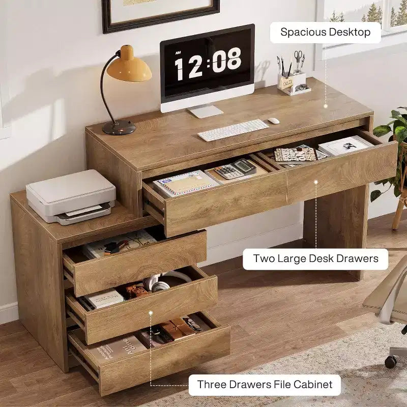 Lantine Computertisch mit 5 Schubladen, Holz-Cheftisch mit Aktenschrank und Druckerablage für Homeoffice und kleine Räume